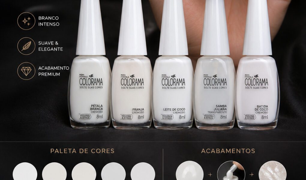 =Moodboard premium com comparação de esmaltes branquinhos Colorama, mostrando tons suaves, acabamento cremoso e efeito clean sofisticado.