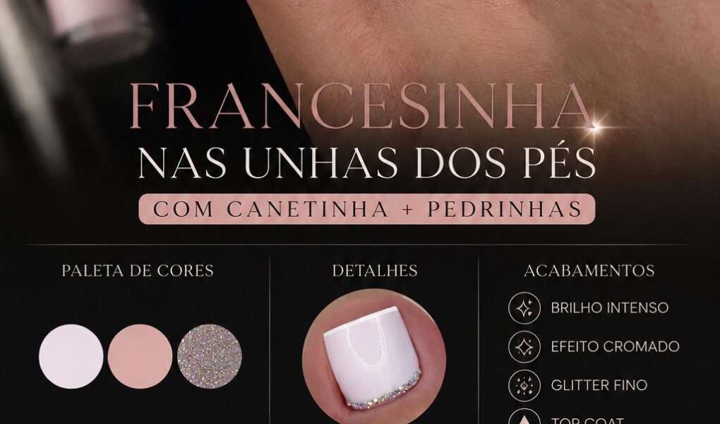 =Pedicure clean e sofisticada com francesinha branca delicada, acabamento ultra brilhante e detalhe em pedrinhas no dedão para um visual elegante e minimalista.