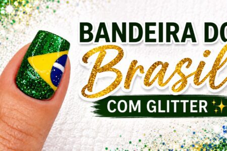 Tutorial de bandeira do Brasil nas unhas com glitter verde