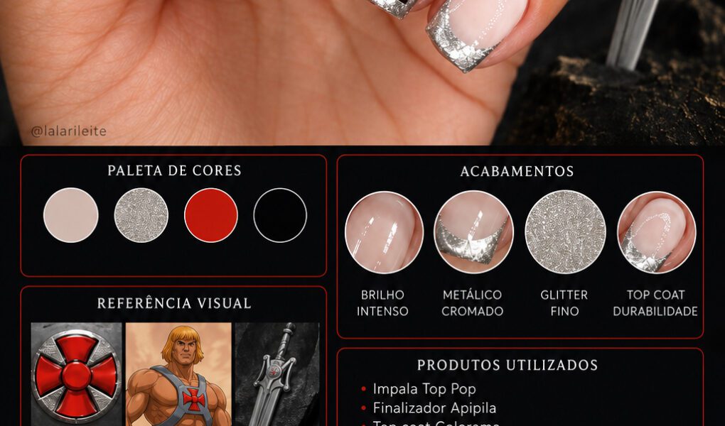 =Nail art temática inspirada em He-Man com francesinha prata cromada, símbolo vermelho em destaque e acabamento brilhante de alto impacto.