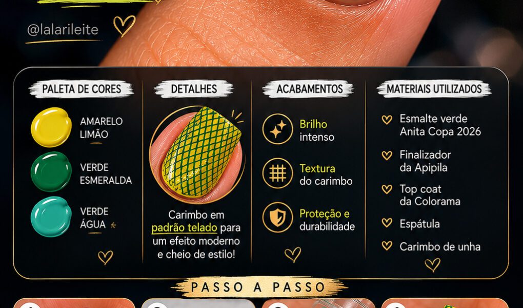 =Nail art vibrante com base amarelo-limão, carimbo verde em padrão telado e acabamento super brilhante.