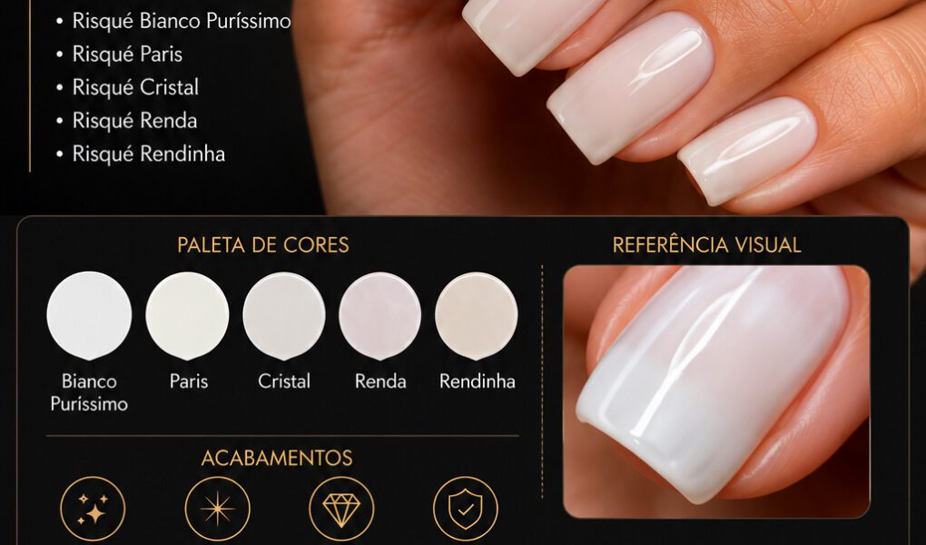 =Comparativo visual dos cinco esmaltes branquinhos mais conhecidos da Risqué, destacando diferenças sutis de cobertura, transparência e acabamento para ajudar na escolha da esmaltação perfeita.