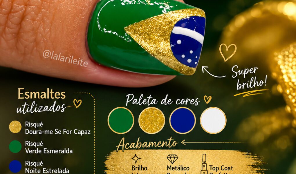 =Nail art temática da bandeira do Brasil com acabamento brilhante, combinação de verde intenso, dourado metálico e azul vibrante. Uma decoração patriótica elegante, fácil de reproduzir e perfeita para eventos esportivos, datas comemorativas e inspirações criativas.