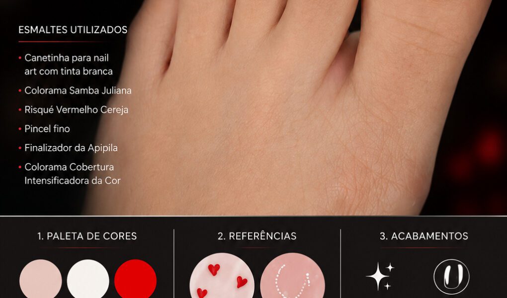 =Pedicure romântica com francesinha curvada branca e delicados corações vermelhos, perfeita para o Dia dos Namorados.