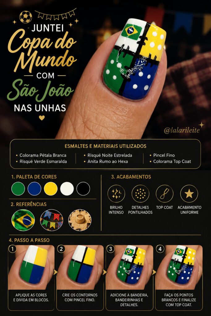 =Nail art temática que combina elementos da Copa do Mundo com a estética das festas juninas, utilizando blocos geométricos em verde, azul, amarelo e branco, bandeira do Brasil, detalhes pontilhados e acabamento brilhante para um visual criativo e festivo.