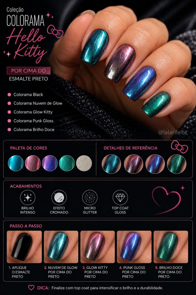 Coleção Colorama Hello Kitty por cima do esmalte preto