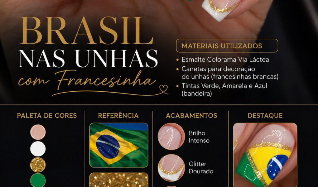 =Nail art elegante com francesinhas brancas, detalhe dourado em arco e unha filha única inspirada na bandeira do Brasil. Uma combinação sofisticada e temática para datas patrióticas, eventos esportivos ou quem ama unhas criativas e refinadas.