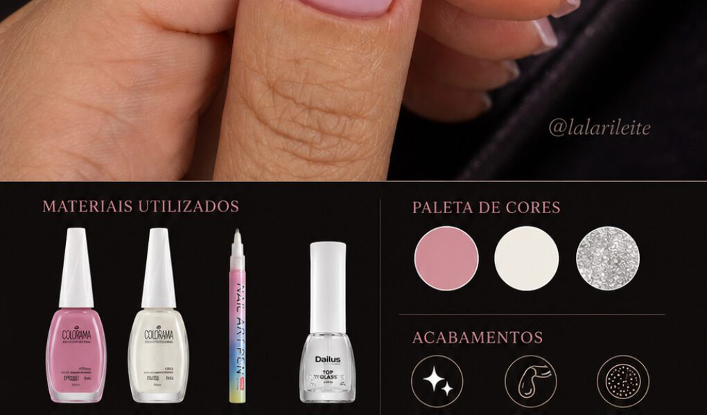 =Nail art delicada e elegante com base rosa suave, francesinha branca marcada com canetinha para decoração e acabamento brilhante efeito gel. Uma inspiração clean, sofisticada e perfeita para quem busca unhas clássicas com toque moderno.
