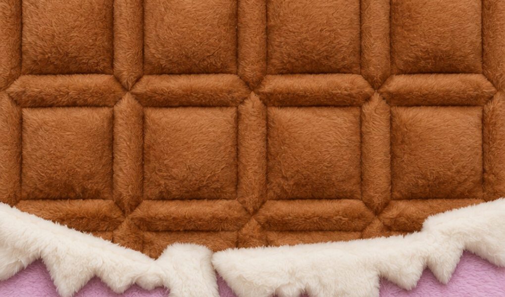 Barra de chocolate em estilo pelúcia com cobertura branca sobre fundo rosa e frase divertida escrita em pelúcia.
