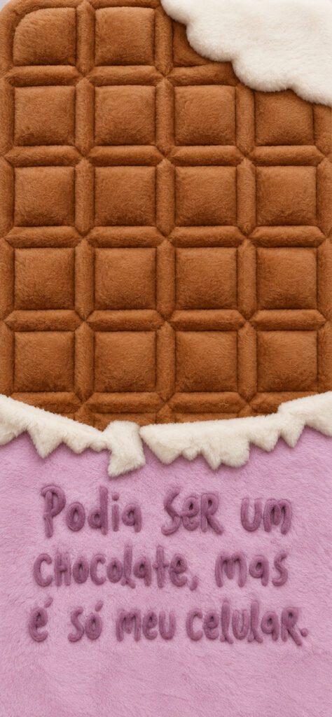 Barra de chocolate em estilo pelúcia com cobertura branca sobre fundo rosa e frase divertida escrita em pelúcia.
