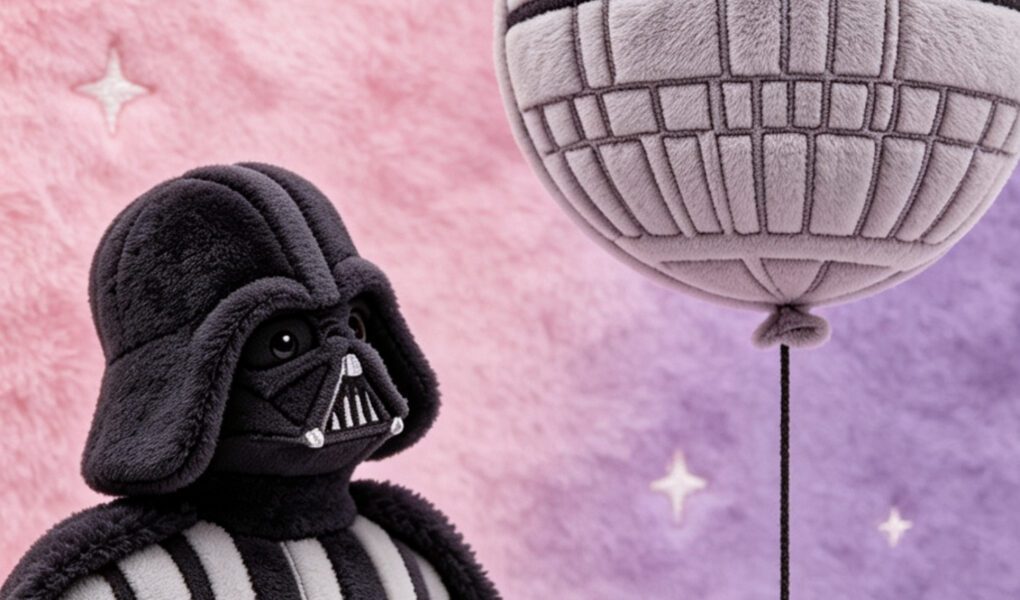 Darth Vader em estilo pelĂșcia segurando um balĂŁo da Estrela da Morte sobre um fundo rosa e lilĂĄs com estrelas.