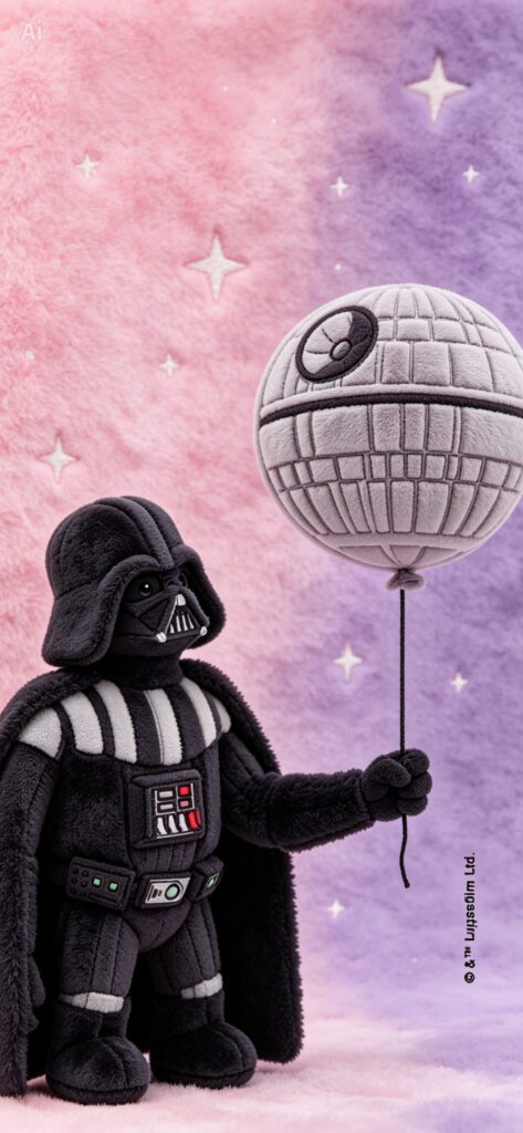 Darth Vader em estilo pelúcia segurando um balão da Estrela da Morte sobre um fundo rosa e lilás com estrelas.
