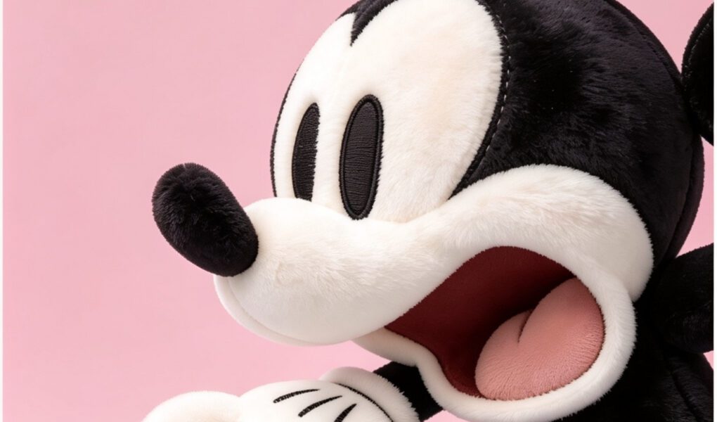 Mickey Mouse em estilo pelĂșcia sobre fundo rosa claro com visual macio e delicado.
