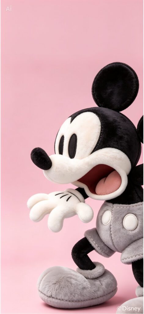 Mickey Mouse em estilo pelúcia sobre fundo rosa claro com visual macio e delicado.