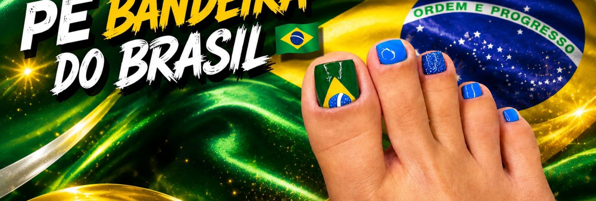 Pé do Brasil em clima de torcida: esmaltação amarela, azul e verde