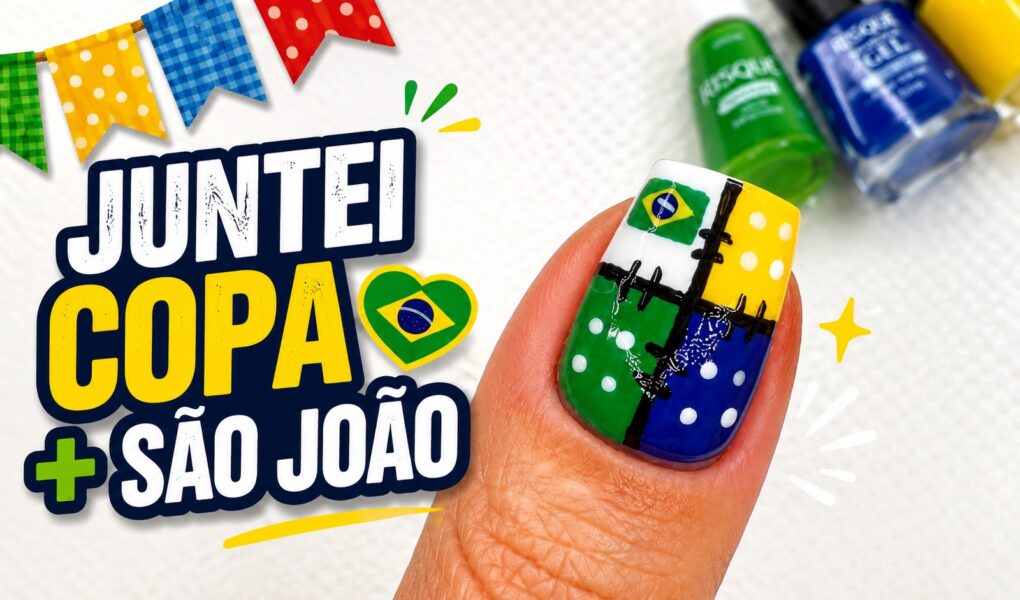 Unha com Copa do Mundo e São João: decoração branca com bandeira do Brasil