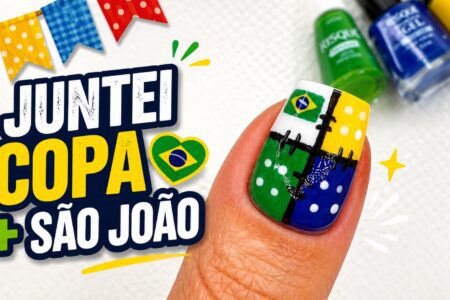 Unha com Copa do Mundo e São João: decoração branca com bandeira do Brasil