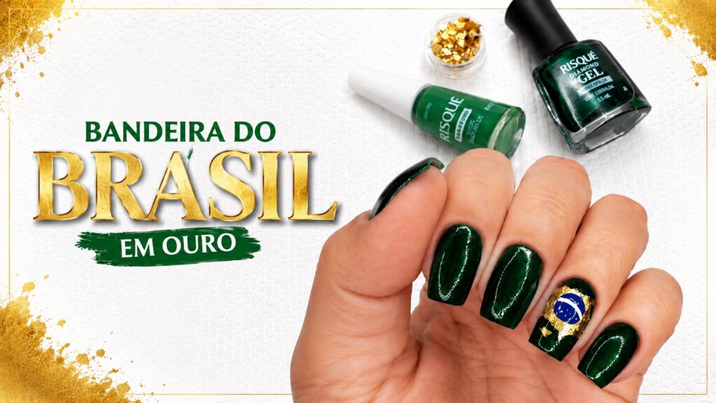 Unhas inspiradas na bandeira do Brasil com folha de ouro