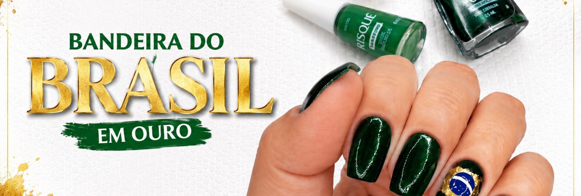 Unhas inspiradas na bandeira do Brasil com folha de ouro