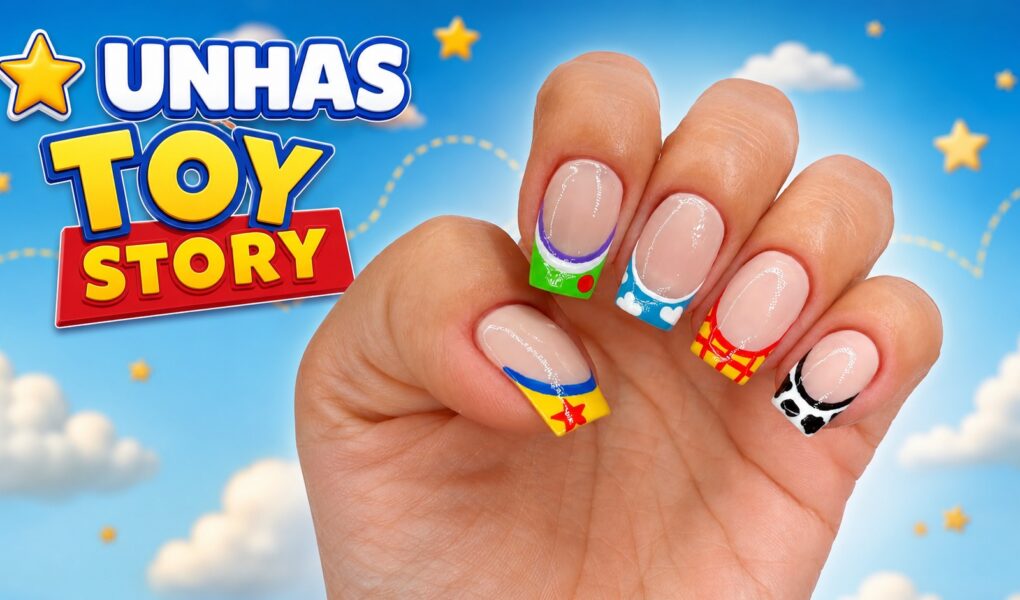 Unhas francesinhas Toy Story com esmaltação colorida e acabamento brilhante