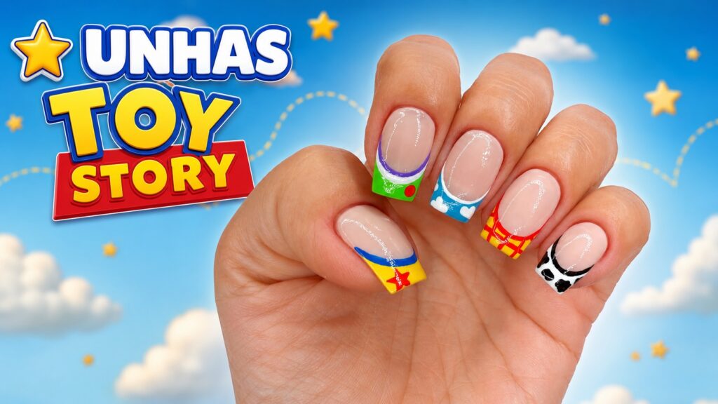 Unhas francesinhas Toy Story com esmaltação colorida e acabamento brilhante