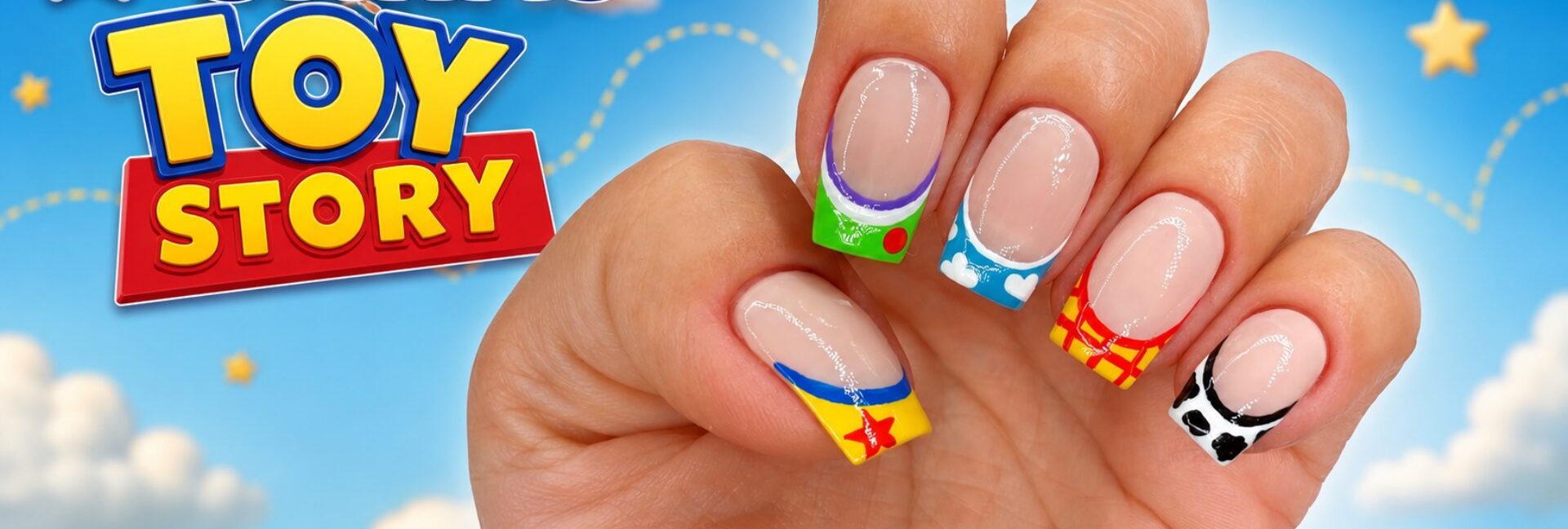 Unhas francesinhas Toy Story com esmaltação colorida e acabamento brilhante