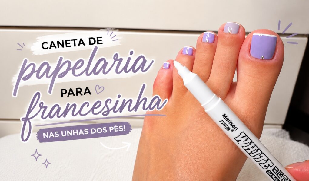 Caneta de papelaria nas unhas: francesinha delicada com tinta acrílica branca