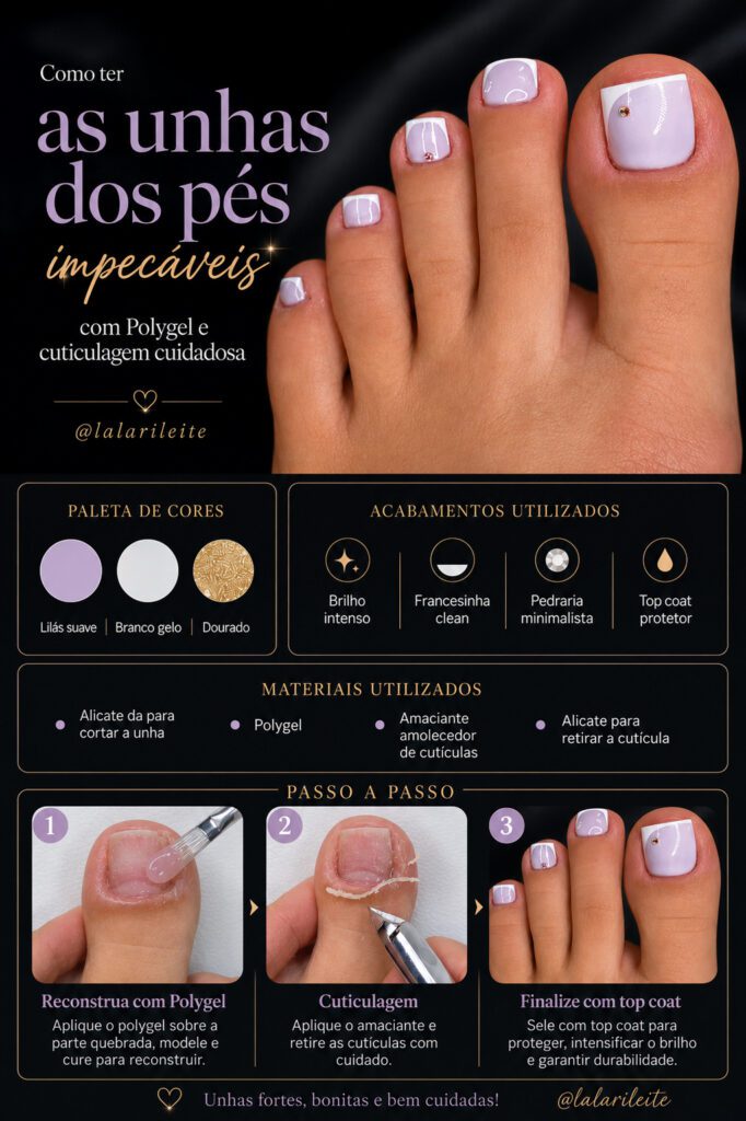 =Tutorial premium mostrando a reconstrução de unha quebrada com Polygel, cuticulagem cuidadosa e finalização com esmaltação lilás suave e francesinha branca minimalista.