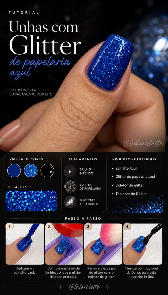 Unhas com Glitter de Papelaria Azul