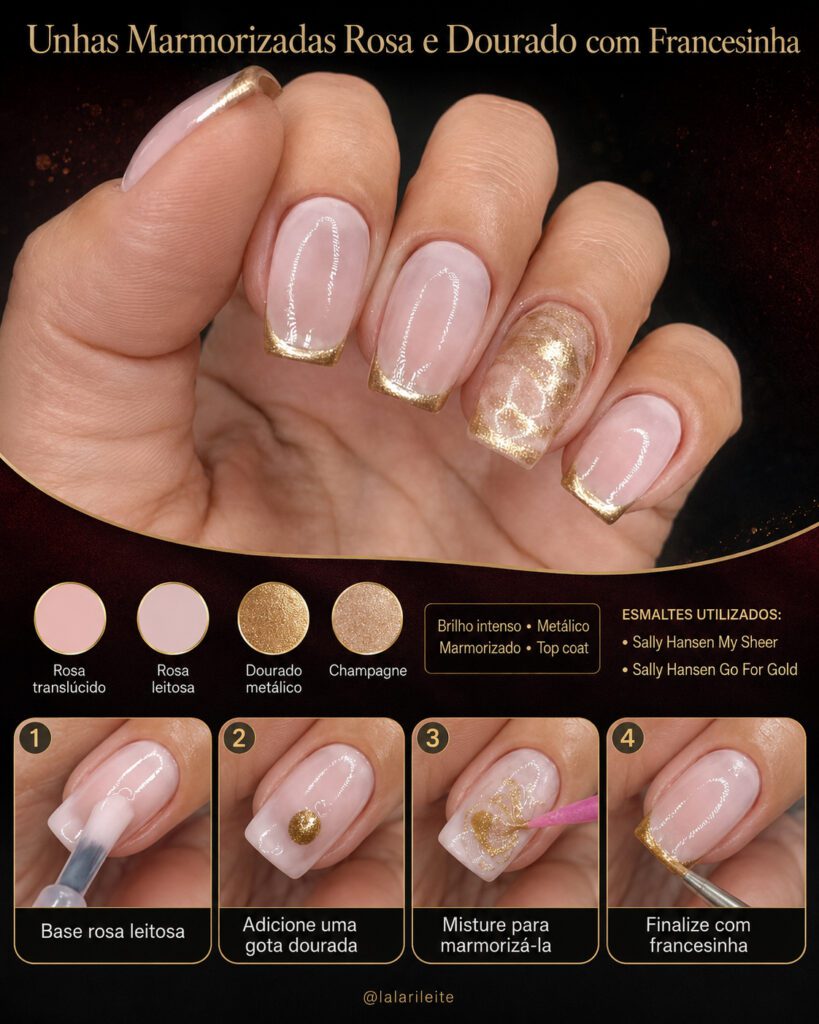 Unhas Marmorizadas Rosa e Dourado com Francesinha