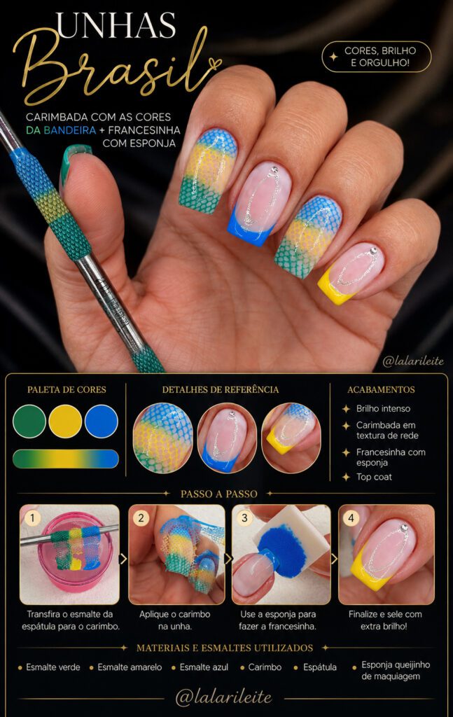 Unhas Brasil – Carimbada com as cores da Bandeira + Francesinha com esponja