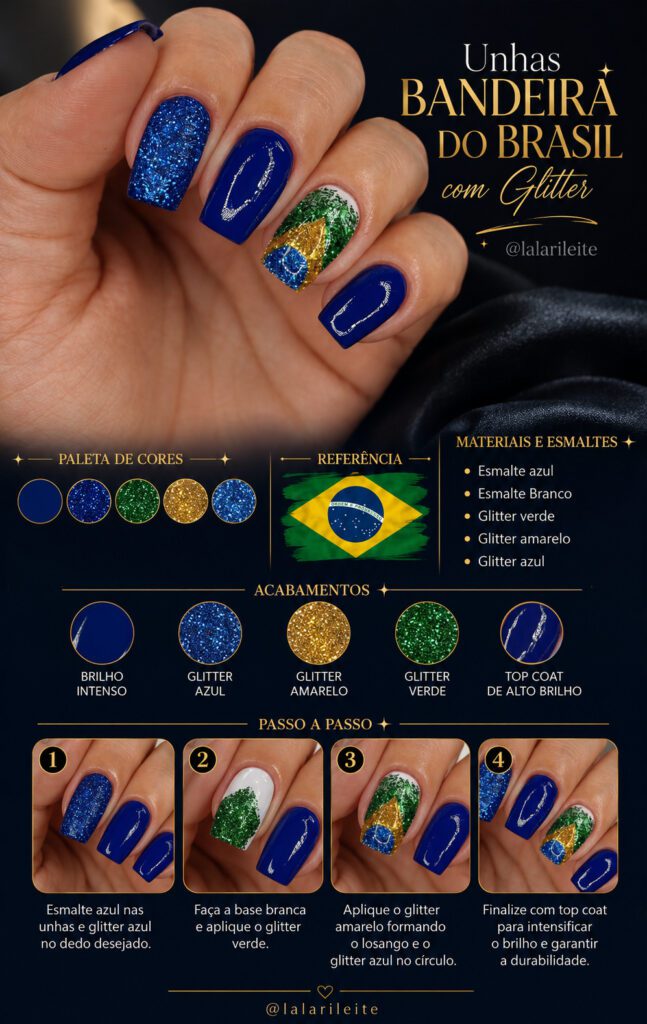Unhas Bandeira do Brasil com Glitter