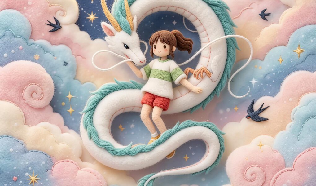 Chihiro em estilo pelúcia montada no dragão Haku sob uma lua cheia, cercados por nuvens em tons pastel, estrelas e um vilarejo ao fundo.