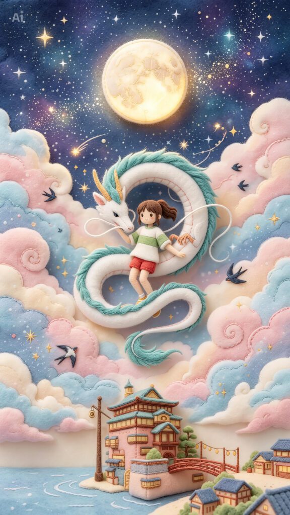 Chihiro em estilo pelúcia montada no dragão Haku sob uma lua cheia, cercados por nuvens em tons pastel, estrelas e um vilarejo ao fundo.