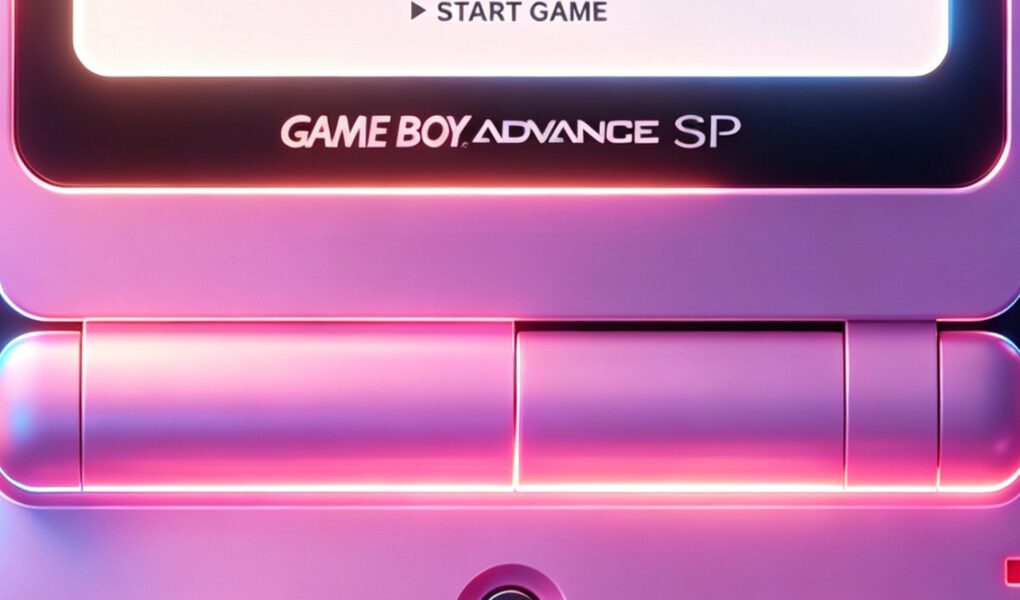 Console Game Boy Advance SP em tons de rosa e roxo com iluminação neon e tela branca sobre fundo discreto.