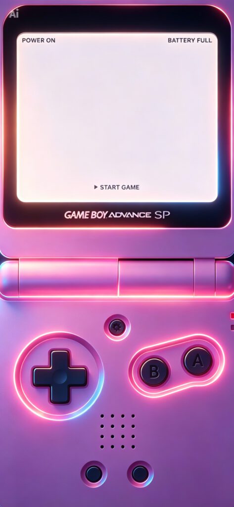 Console Game Boy Advance SP em tons de rosa e roxo com iluminação neon e tela branca sobre fundo discreto.