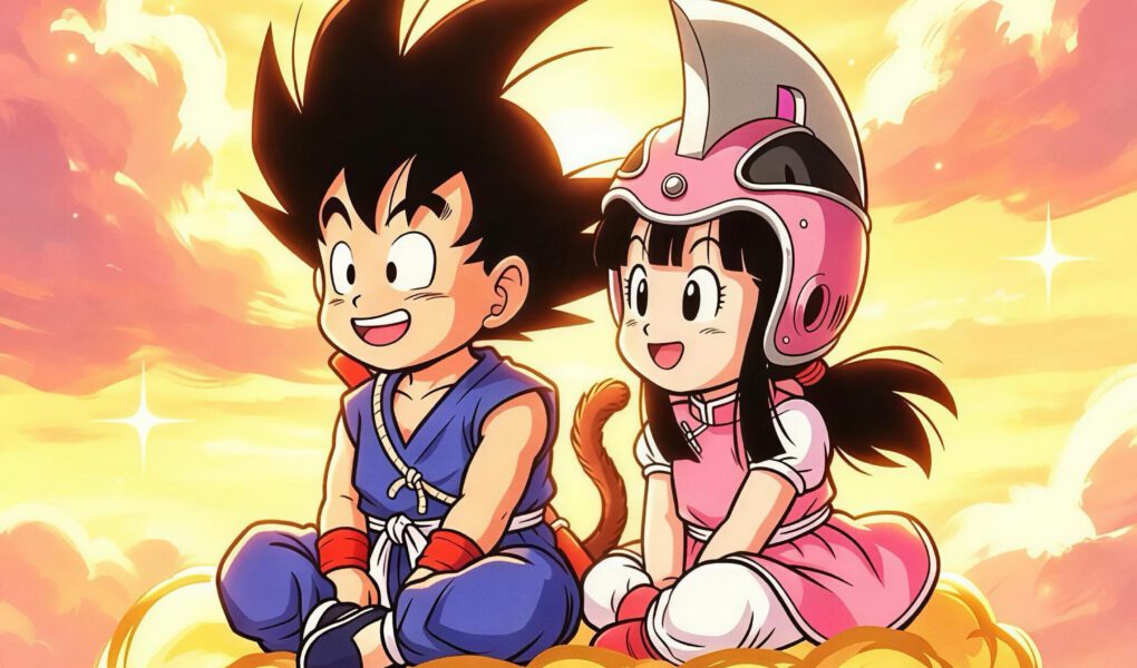 Goku e Chi-Chi crianças sentados juntos sobre a Nuvem Voadora, diante de um céu rosa e dourado com nuvens e estrelas brilhantes.