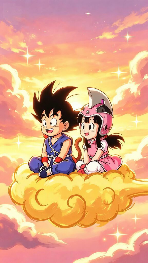 Goku e Chi-Chi crianças sentados juntos sobre a Nuvem Voadora, diante de um céu rosa e dourado com nuvens e estrelas brilhantes.