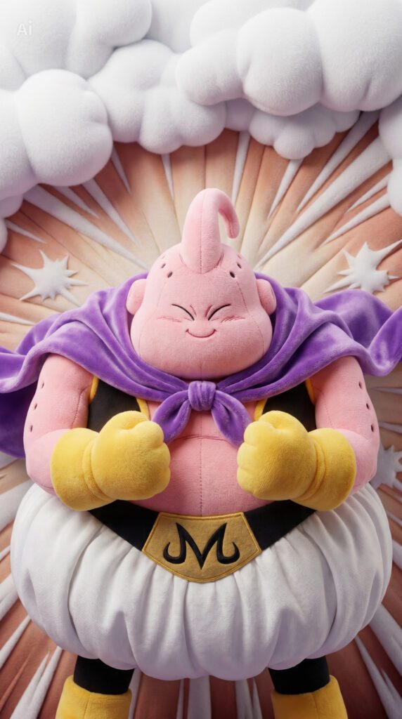 Majin Boo em estilo pelúcia sorrindo, usando capa roxa, luvas amarelas e calças brancas sobre um fundo inspirado no universo de Dragon Ball.
