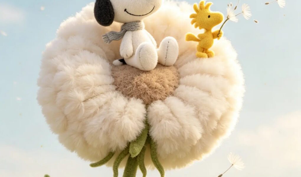 Snoopy e Woodstock em estilo pelúcia sentados sobre um grande dente-de-leão, com sementes voando ao vento sob um céu azul em um campo florido.