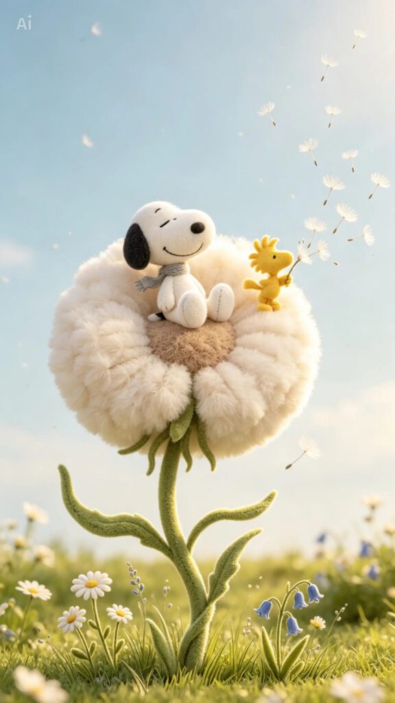 Snoopy e Woodstock em estilo pelúcia sentados sobre um grande dente-de-leão, com sementes voando ao vento sob um céu azul em um campo florido.