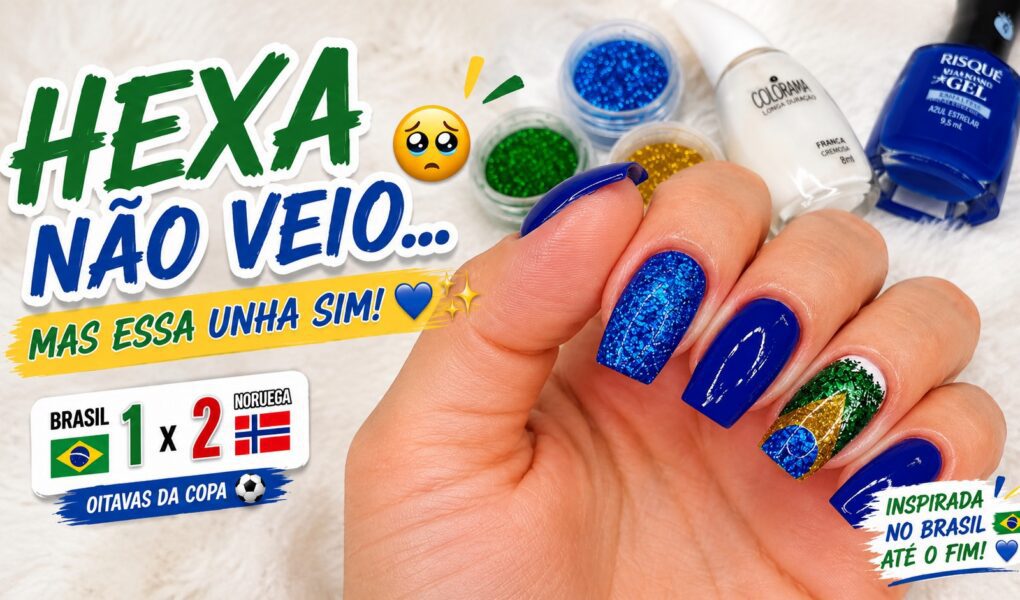 Unhas com glitter nas cores do Brasil para torcer até o fim