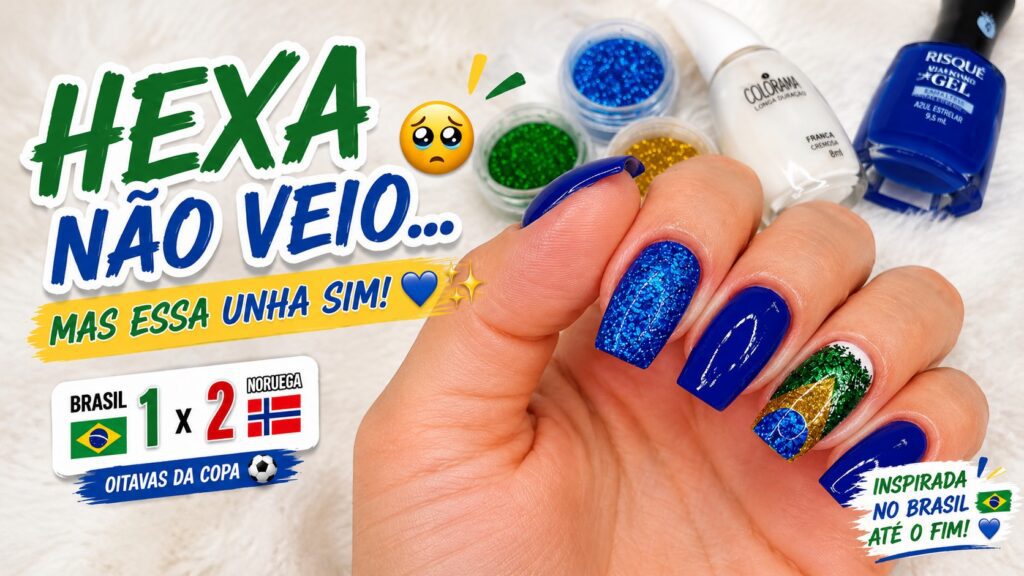 Unhas com glitter nas cores do Brasil para torcer até o fim