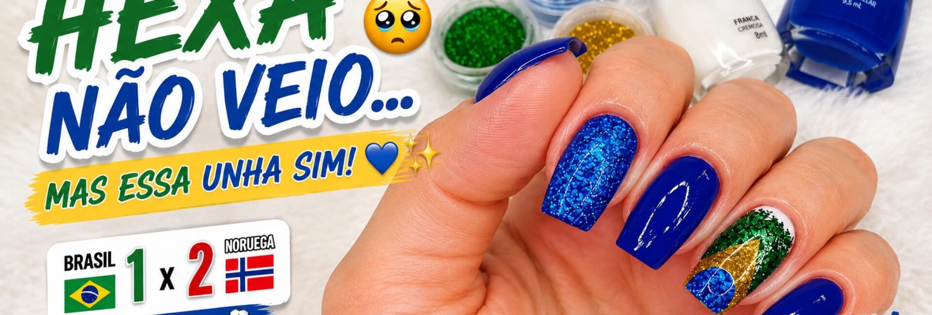 Unhas com glitter nas cores do Brasil para torcer até o fim