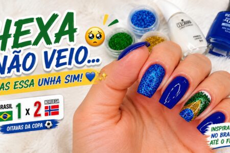 Unhas com glitter nas cores do Brasil para torcer até o fim