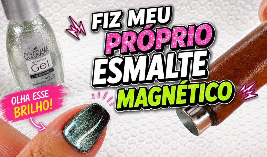 Esmalte magnético caseiro com pó Cat Eye e top coat Colorama Brilho Diamante