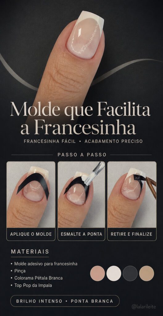 =Tutorial rápido de francesinha branca com molde adesivo, base nude translúcida e acabamento intensamente brilhante.