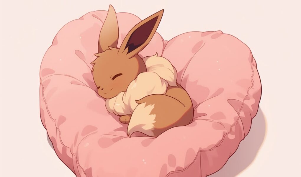 Eevee dormindo encolhido sobre uma almofada rosa em formato de coração, diante de um fundo rosa-claro.