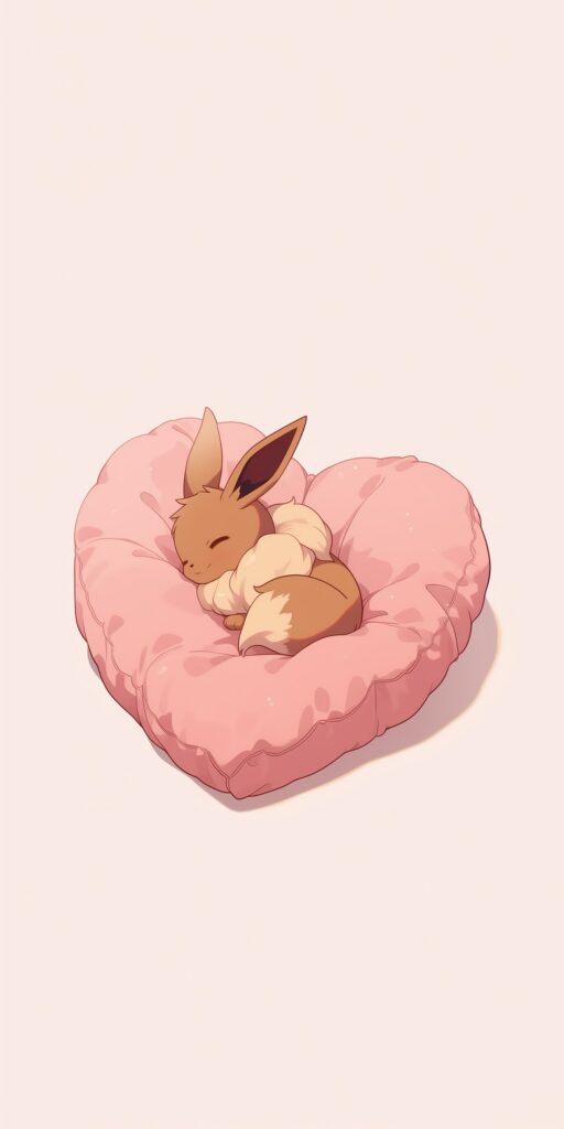 Eevee dormindo encolhido sobre uma almofada rosa em formato de coração, diante de um fundo rosa-claro.