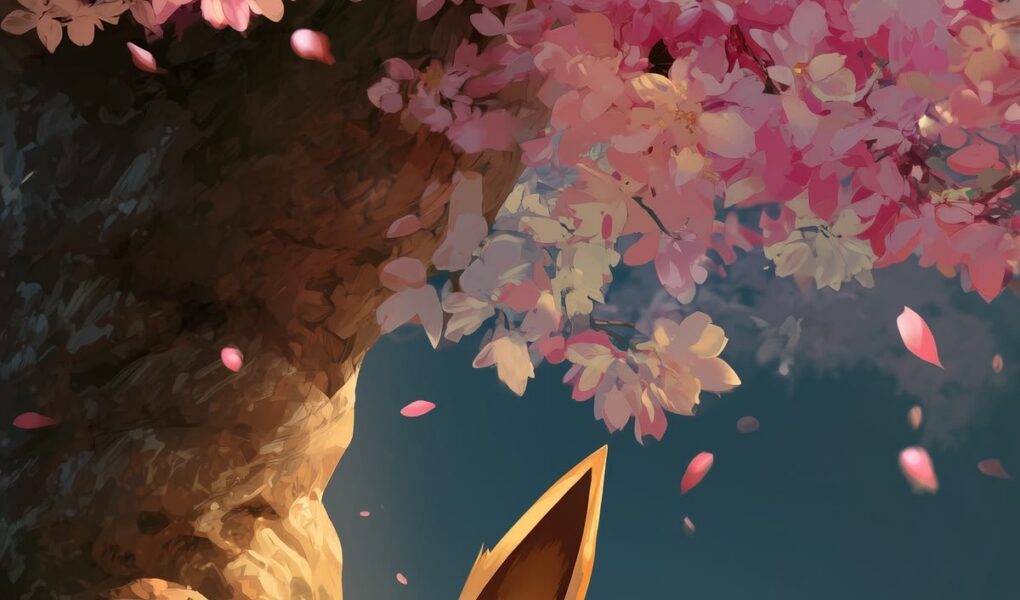 Eevee dormindo sobre a grama sob uma cerejeira florida, com pétalas cor-de-rosa caindo ao redor.